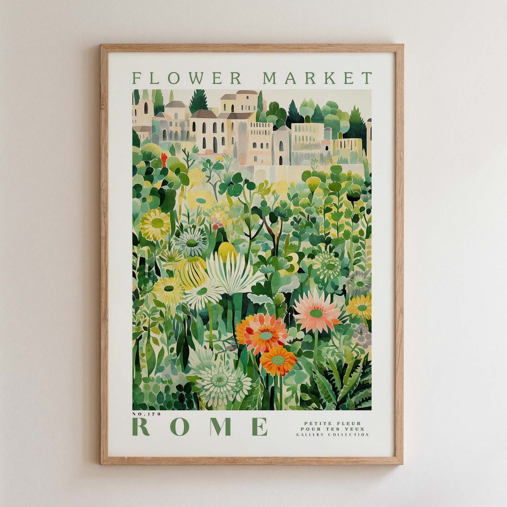 The image is a framed poster depicting a lush, colorful garden with various flowers and plants.