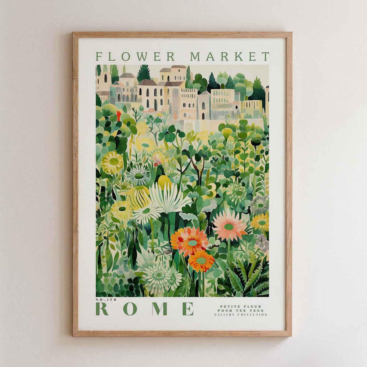 The image is a framed poster depicting a lush, colorful garden with various flowers and plants.