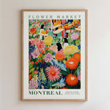 The image is a framed poster depicting a vibrant and colorful flower market in Montreal.