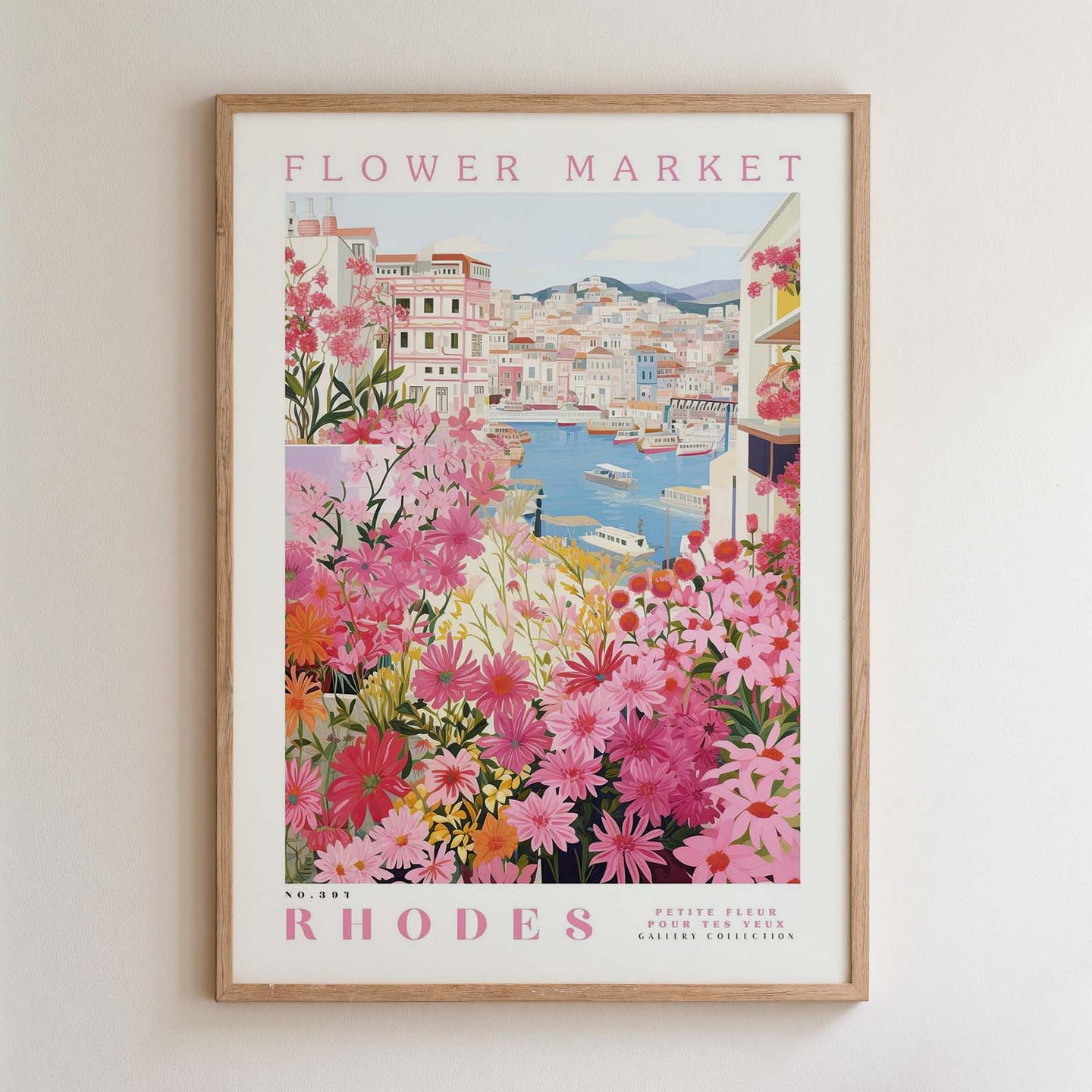 The image is a framed poster depicting a vibrant and colorful scene of a flower market in Rhodes, Greece. The poster showcases a variety of pink and red flowers, along with boats and buildings in the background, creating a lively and picturesque atmosphere.