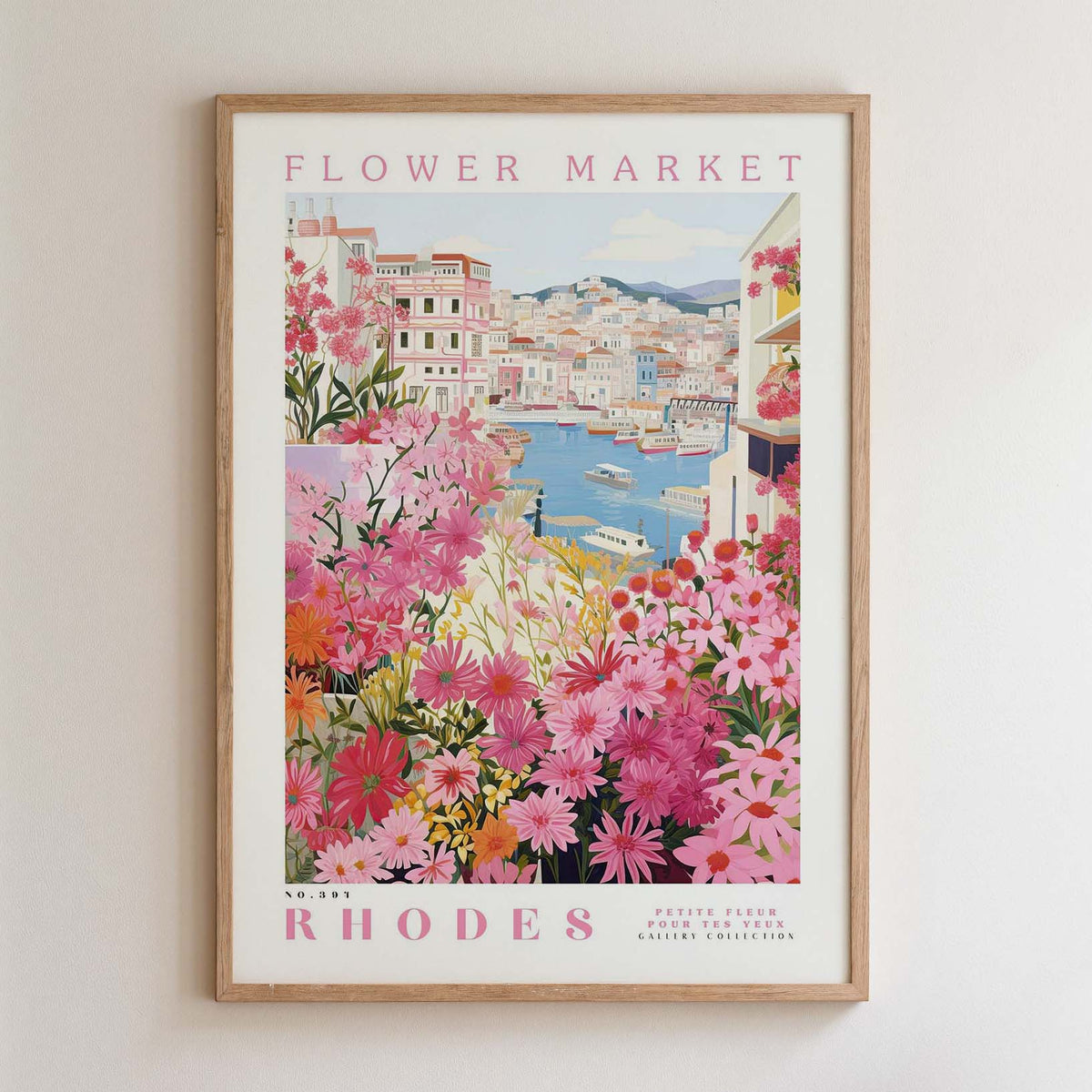 The image is a framed poster depicting a vibrant and colorful scene of a flower market in Rhodes, Greece. The poster showcases a variety of pink and red flowers, along with boats and buildings in the background, creating a lively and picturesque atmosphere.