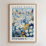 The image is a framed poster depicting a vibrant and colorful flower market in Stockholm, Sweden.