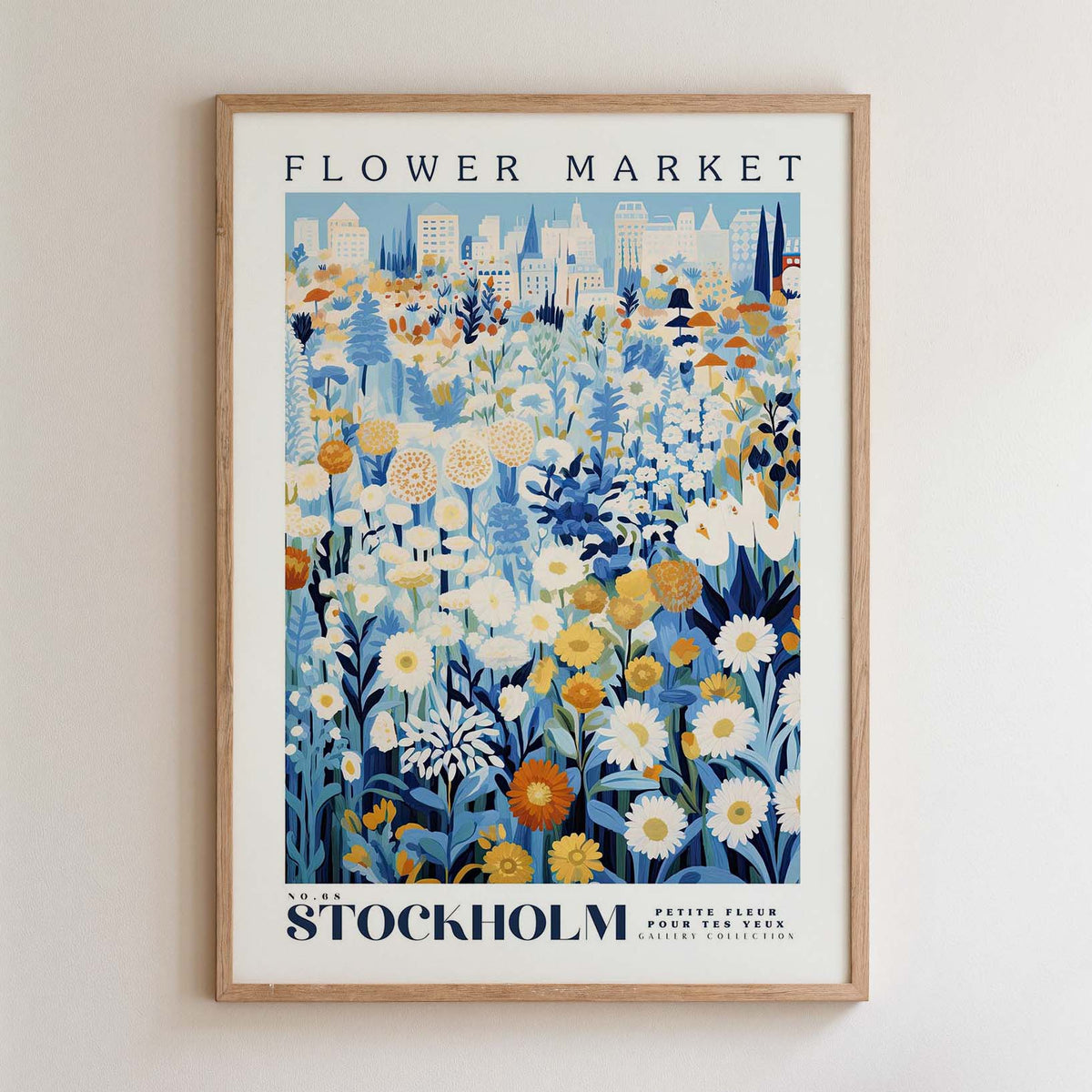 The image is a framed poster depicting a vibrant and colorful flower market in Stockholm, Sweden.