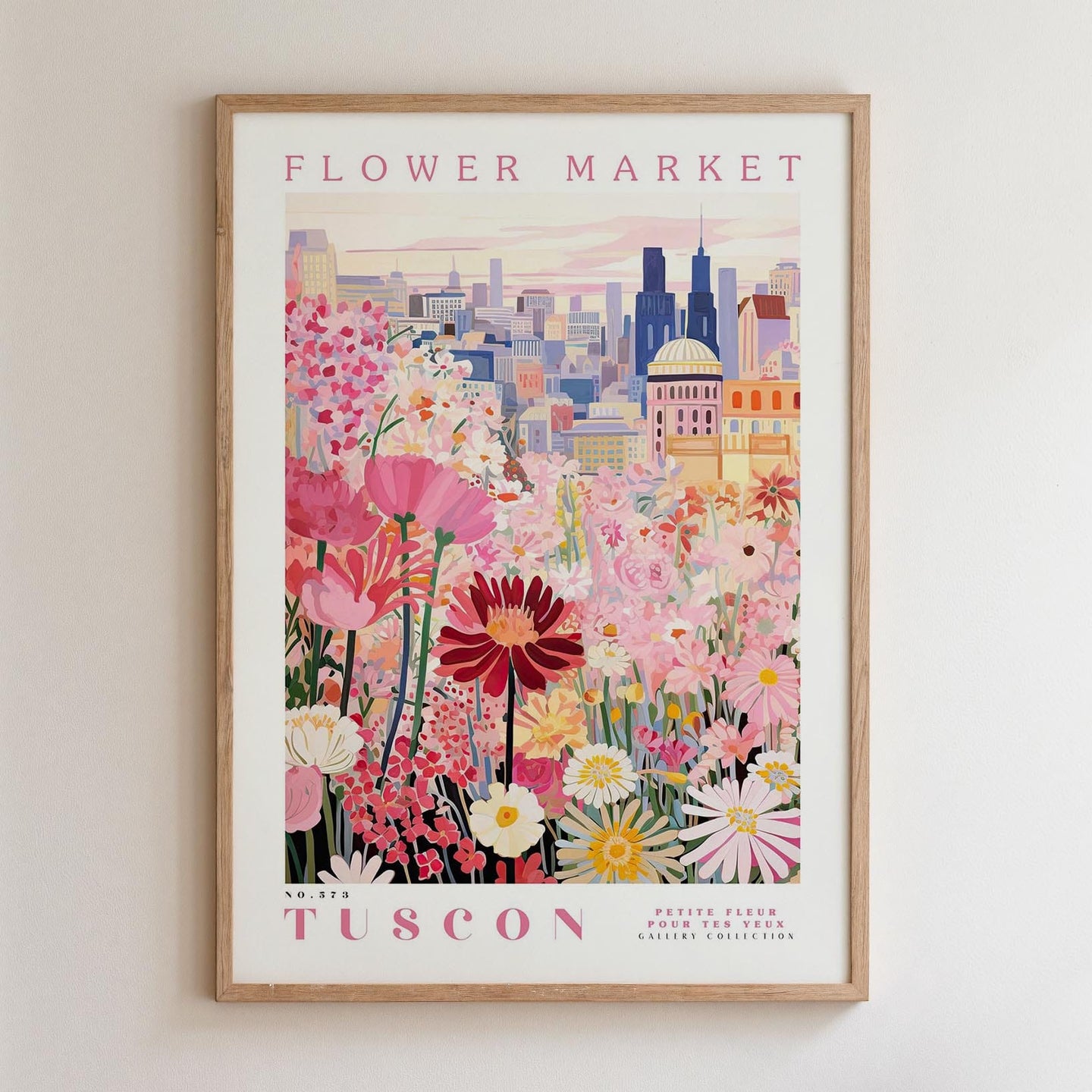 The image is a framed poster depicting a cityscape with a variety of colorful flowers in the foreground.