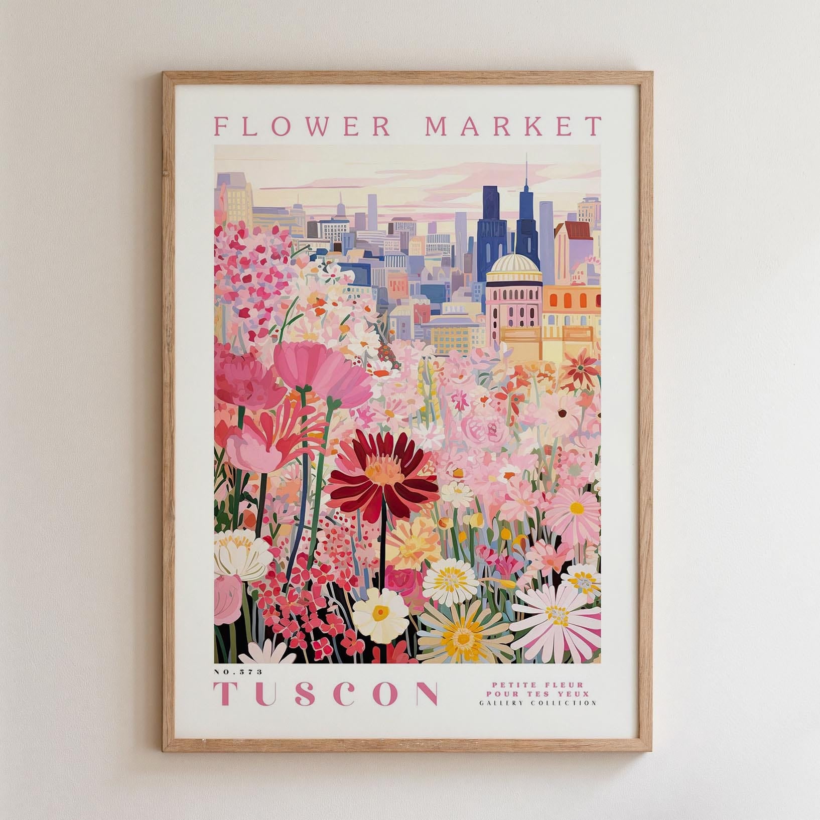 The image is a framed poster depicting a cityscape with a variety of colorful flowers in the foreground.