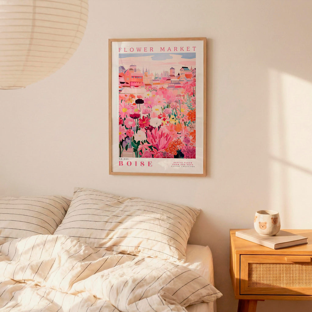 a bedroom setting with a framed poster of a colorful floral scene hanging on the wall above a bed with striped pillows.