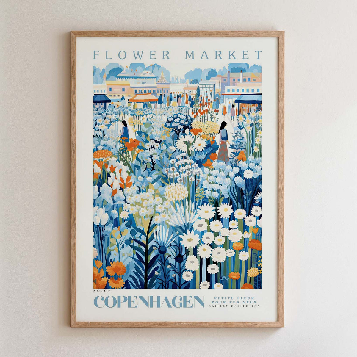 The image is a framed poster depicting a flower market in Copenhagen, Denmark.