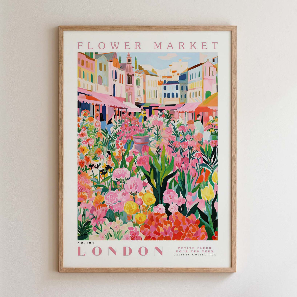 The image is a framed poster depicting a vibrant and colorful flower market in London.