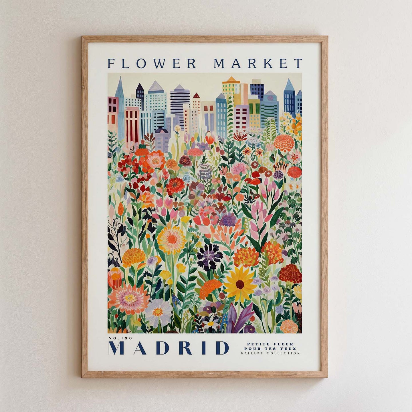 The image is a framed poster depicting a vibrant and colorful cityscape with a variety of flowers and plants in the foreground.