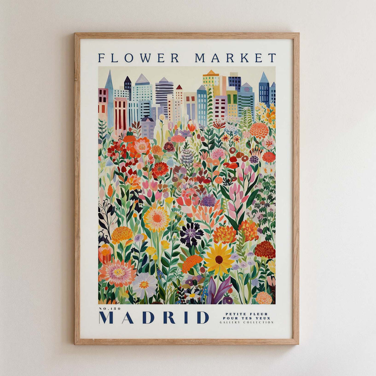The image is a framed poster depicting a vibrant and colorful cityscape with a variety of flowers and plants in the foreground.