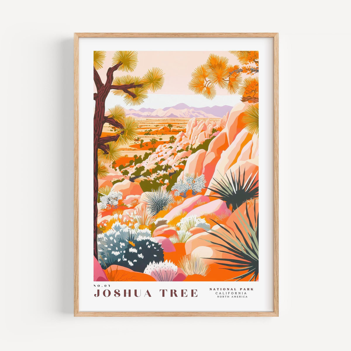 The image is a framed poster depicting a scenic landscape with a Joshua tree in the foreground, surrounded by various desert plants and mountains in the background.