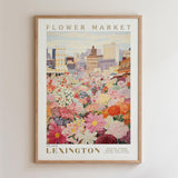 A framed poster depicting a vibrant flower market in the city of Lexington, Kentucky.