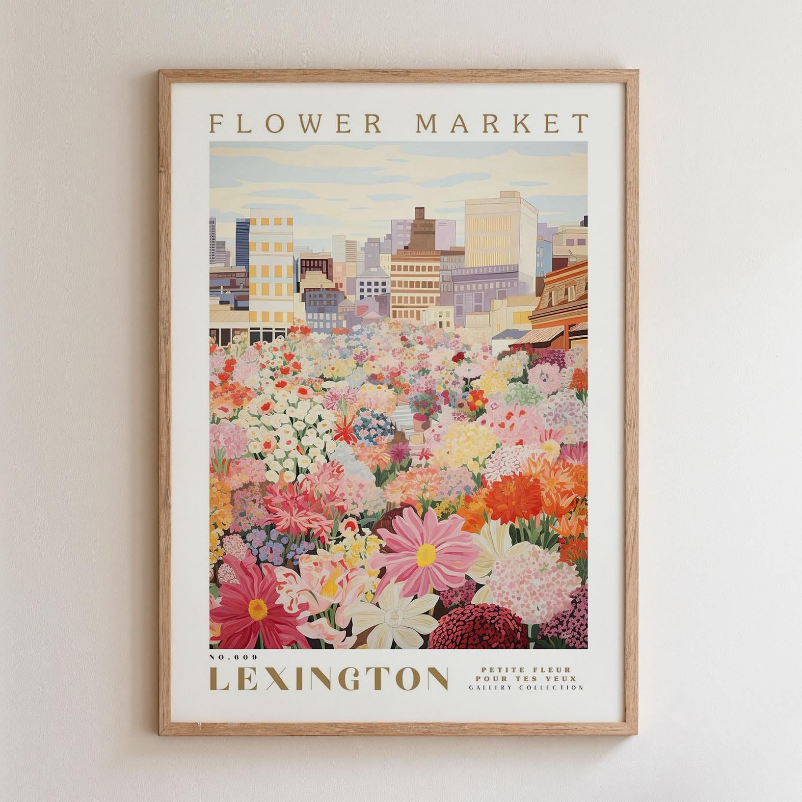 A framed poster depicting a vibrant flower market in the city of Lexington, Kentucky.