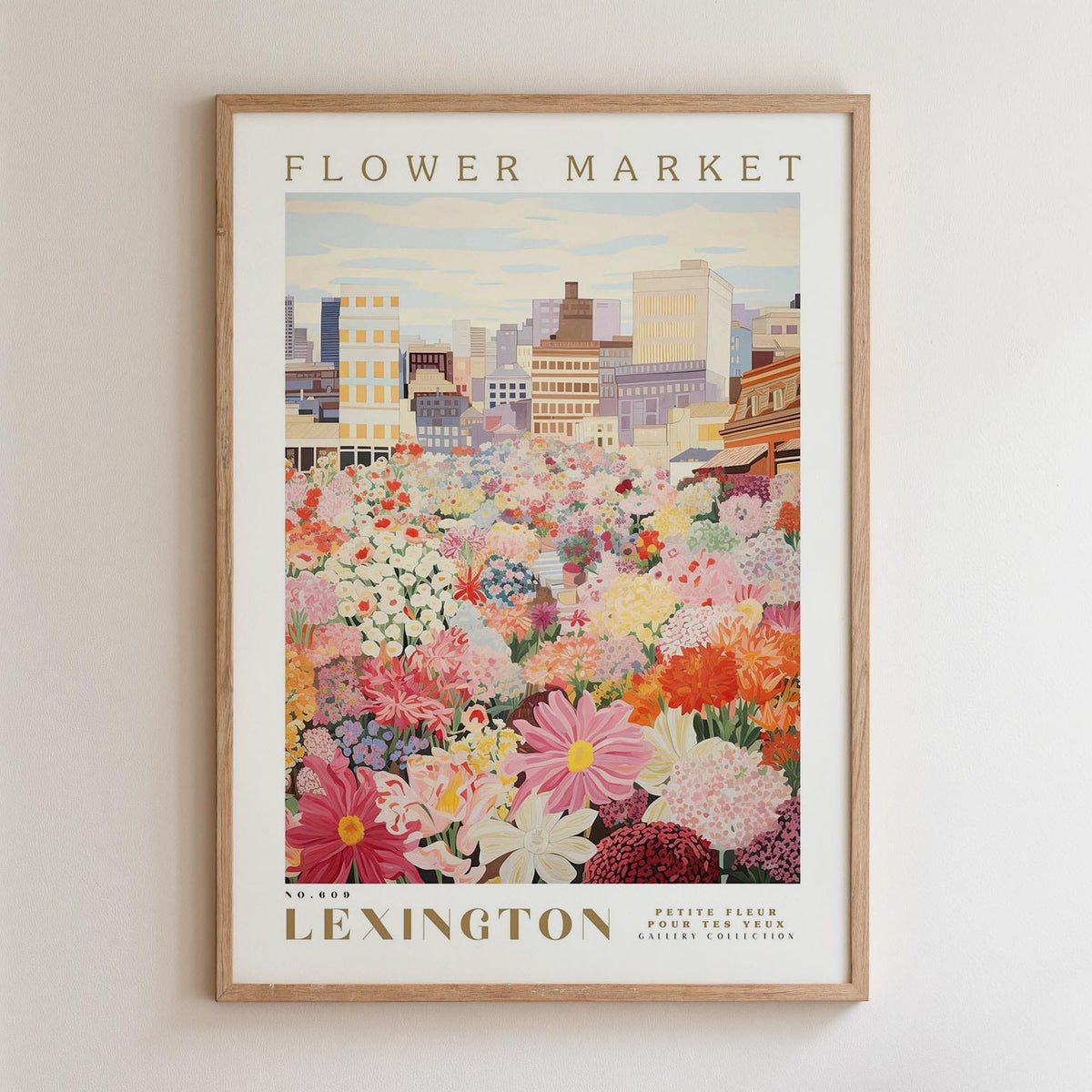 A framed poster depicting a vibrant flower market in the city of Lexington, Kentucky.