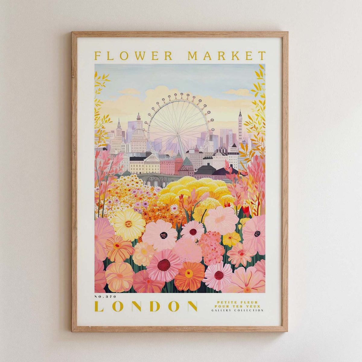 The image is a framed poster depicting a cityscape with a ferris wheel in the background, surrounded by a colorful array of flowers.