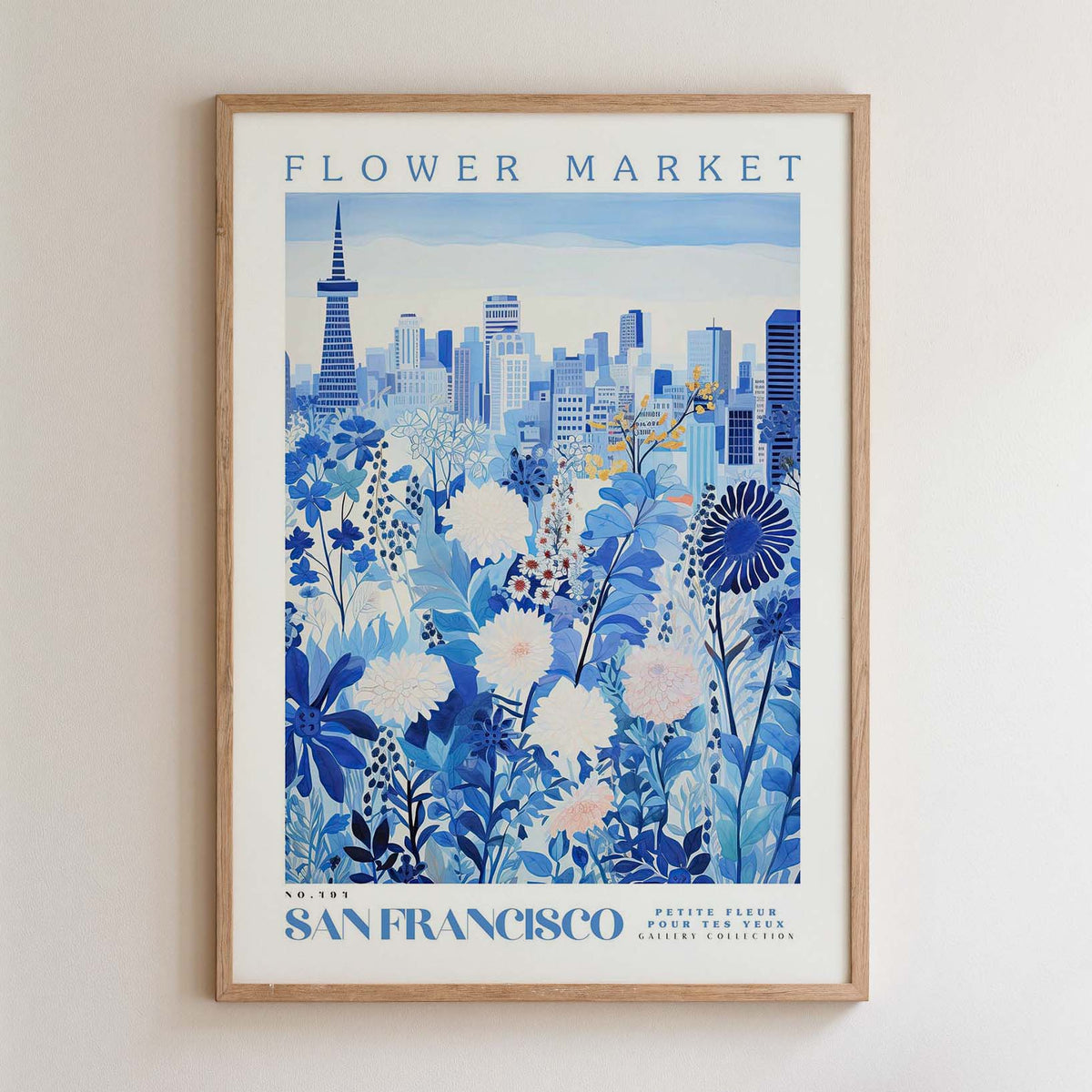 The image is a framed poster depicting a cityscape with a flower market in the foreground.