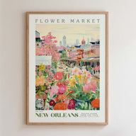 The image is a framed poster depicting a vibrant and colorful scene from the Flower Market in New Orleans.