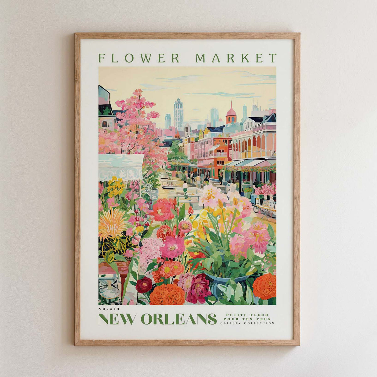The image is a framed poster depicting a vibrant and colorful scene from the Flower Market in New Orleans.