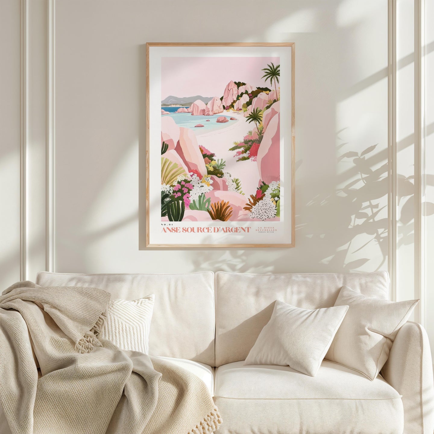 a framed poster of a tropical beach scene with palm trees, flowers, and a pink and blue color palette.