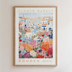 The image is a framed poster depicting a colorful and vibrant flower market in Rhodes, Greece.