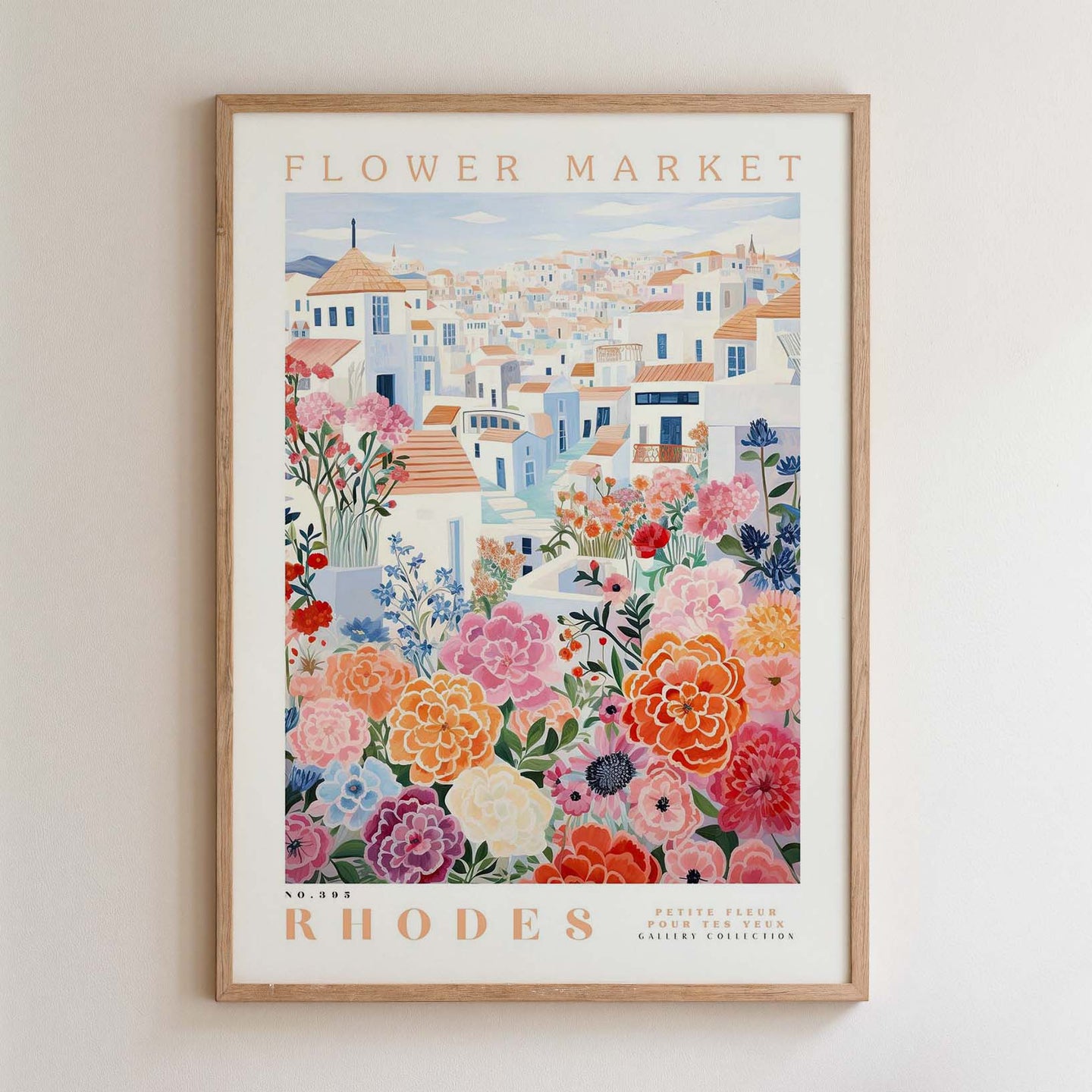 The image is a framed poster depicting a colorful and vibrant flower market in Rhodes, Greece.
