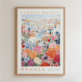 The image is a framed poster depicting a colorful and vibrant flower market in Rhodes, Greece.