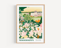 A framed illustration depicting a scenic view of a flower garden with a large building in the background, surrounded by trees and greenery.