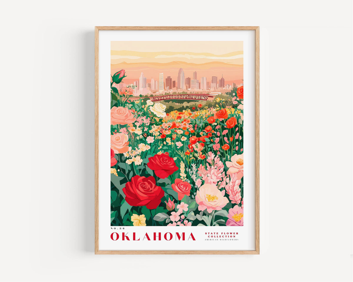 A framed poster depicting a vibrant garden filled with colorful flowers, with a city skyline in the background.