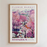 The image is a framed poster depicting a vibrant and colorful scene from the Flower Market in Stockholm, Sweden.