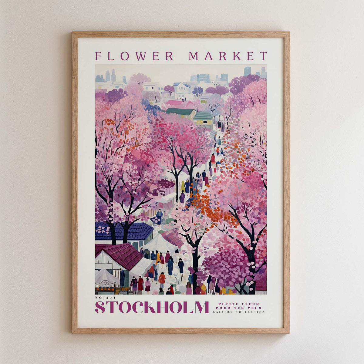 The image is a framed poster depicting a vibrant and colorful scene from the Flower Market in Stockholm, Sweden.