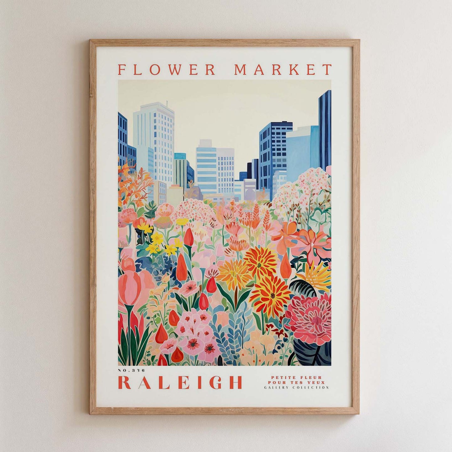 The image is a framed poster depicting a vibrant and colorful flower market in Raleigh, North Carolina.