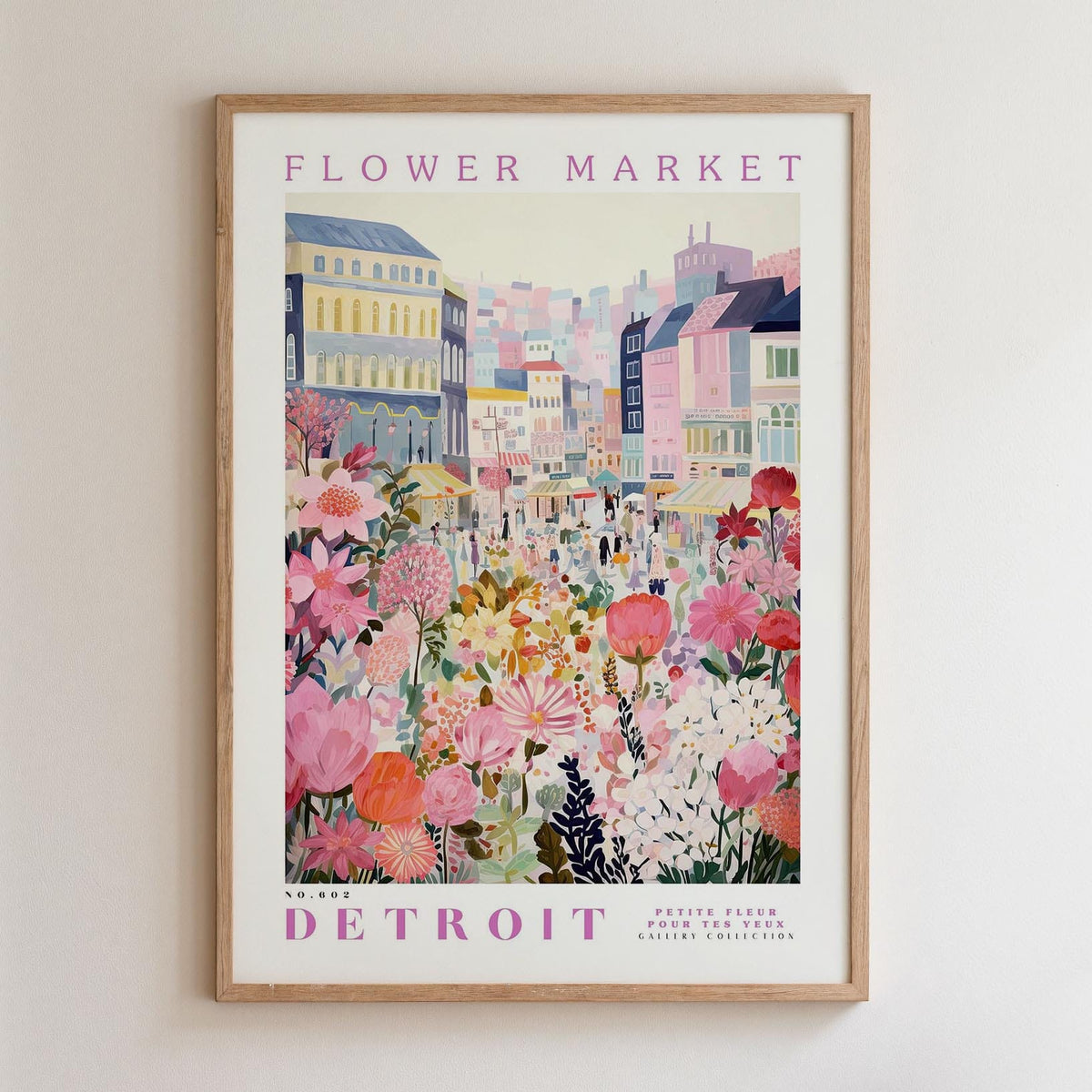 A framed poster depicting a vibrant and colorful flower market in Detroit, Michigan.