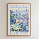 The image is a framed poster depicting a flower market in Long Beach, California.