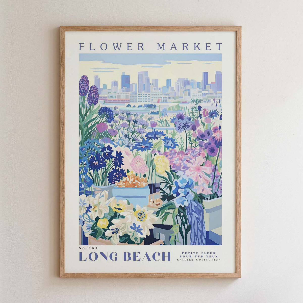 The image is a framed poster depicting a flower market in Long Beach, California.