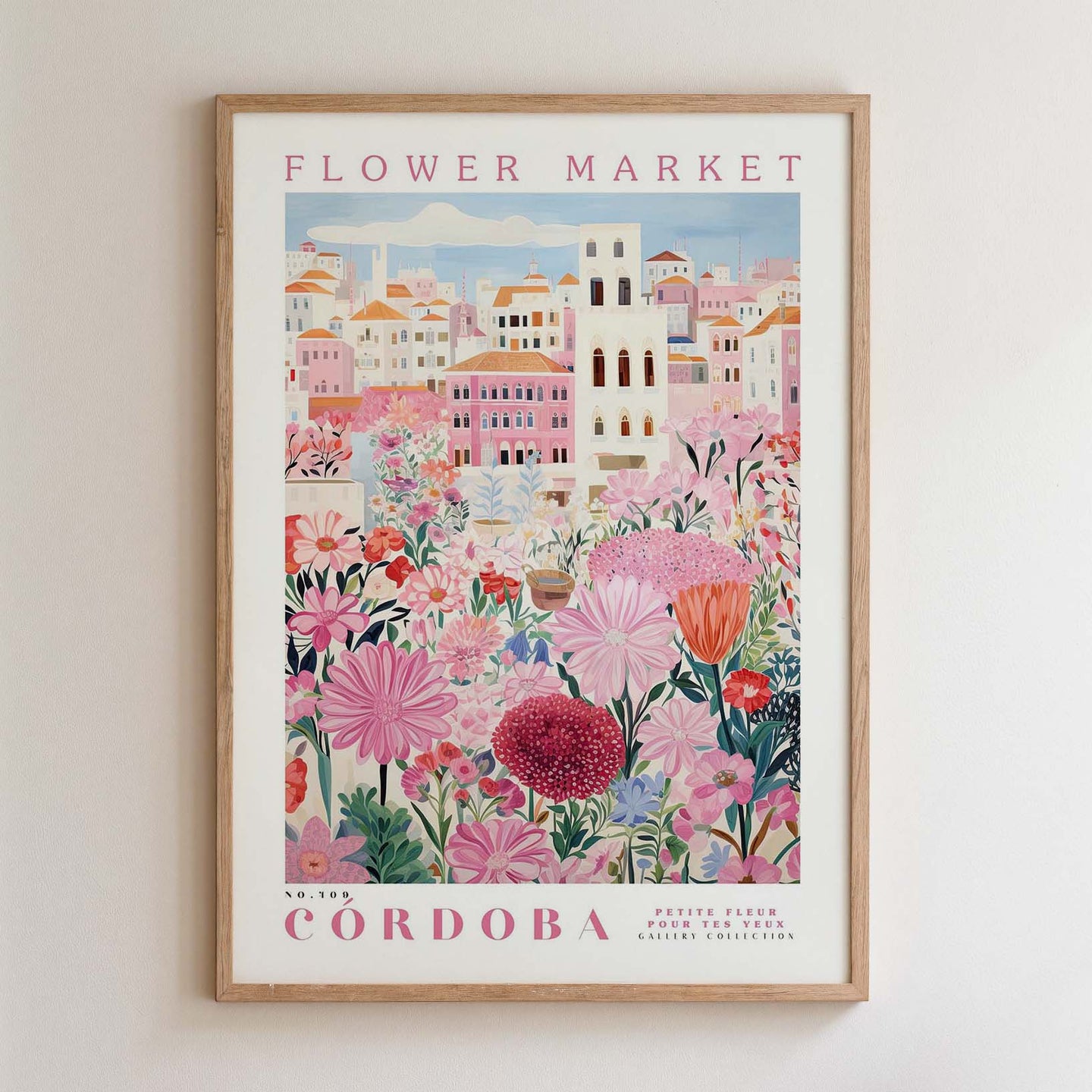 The image is a framed poster depicting a vibrant and colorful flower market in Cordoba, Spain.