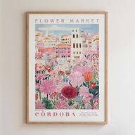 The image is a framed poster depicting a vibrant and colorful flower market in Cordoba, Spain.