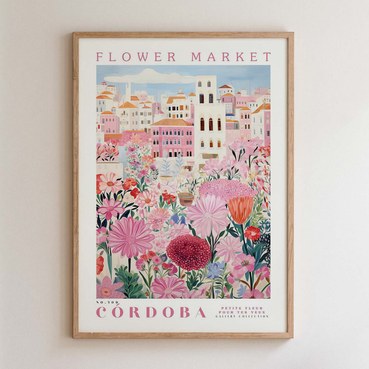 The image is a framed poster depicting a vibrant and colorful flower market in Cordoba, Spain.