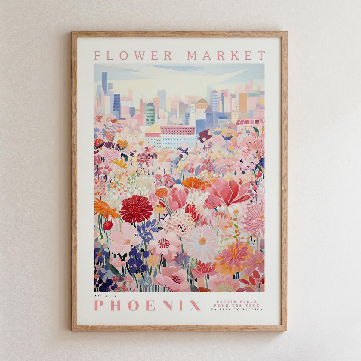 The image is a framed poster depicting a cityscape with a field of colorful flowers in the foreground.