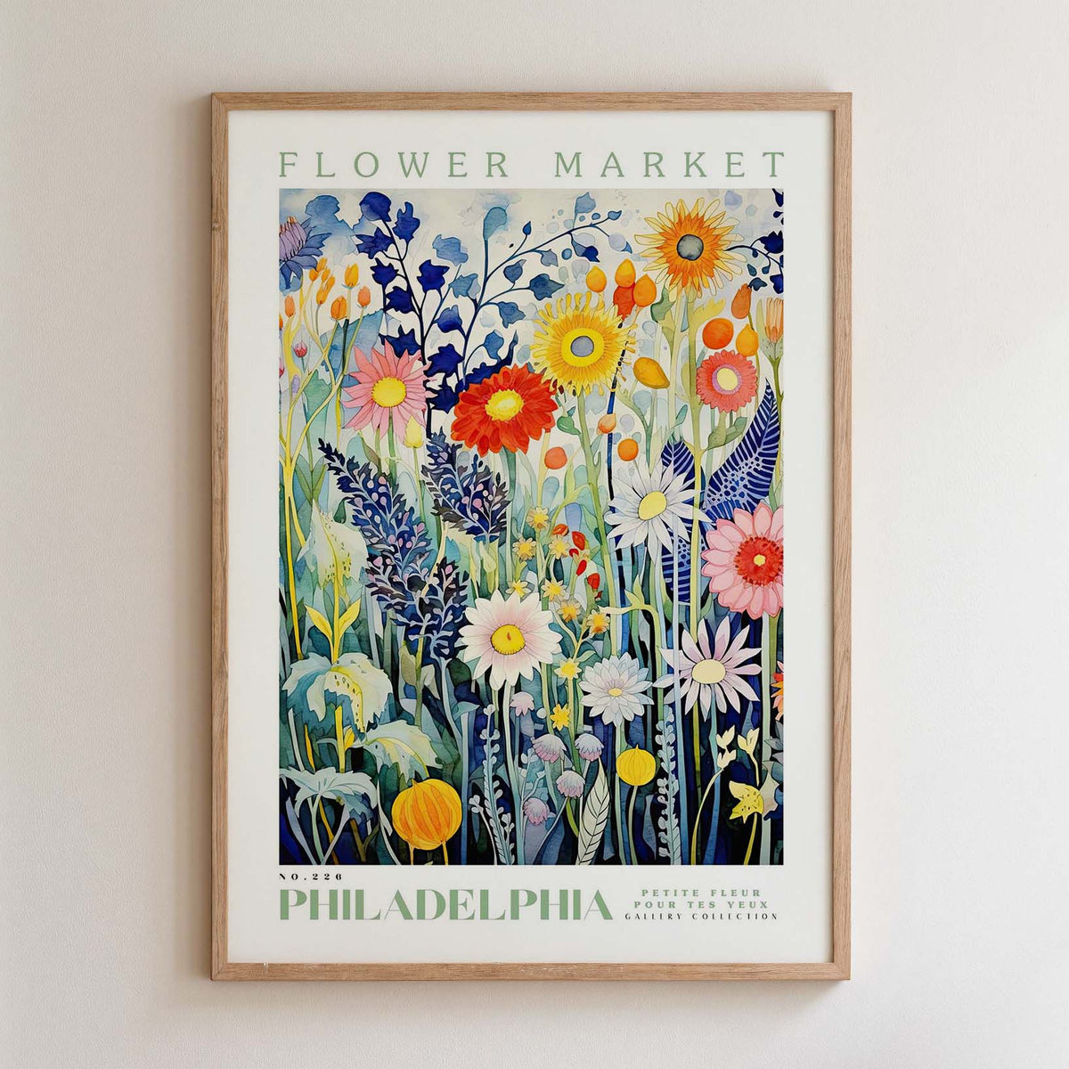 The image is a framed poster of a vibrant and colorful floral arrangement, depicting various flowers and plants in a lush, natural setting.