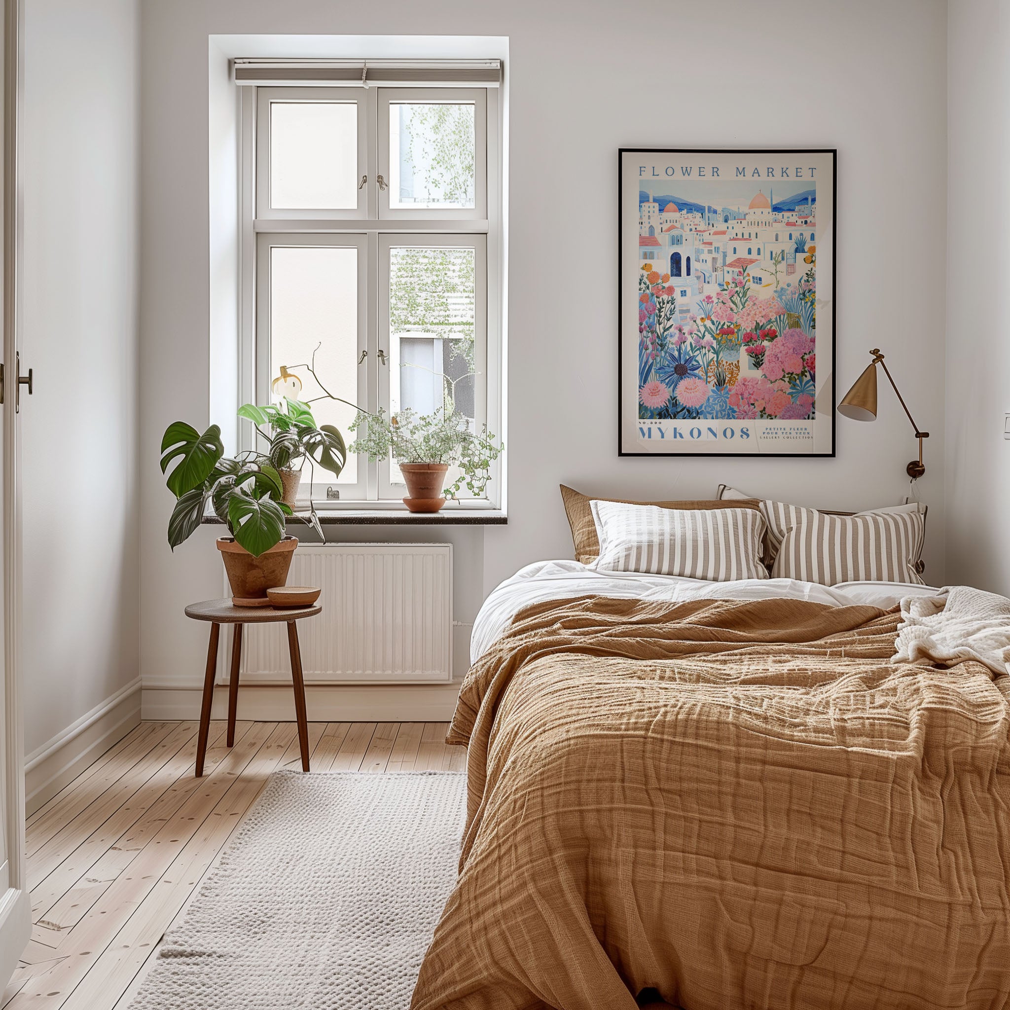 a cozy bedroom with a large bed, a wooden nightstand, and a potted plant. The room has a window with a view of a city, and a framed poster of a flower market is displayed on the wall.