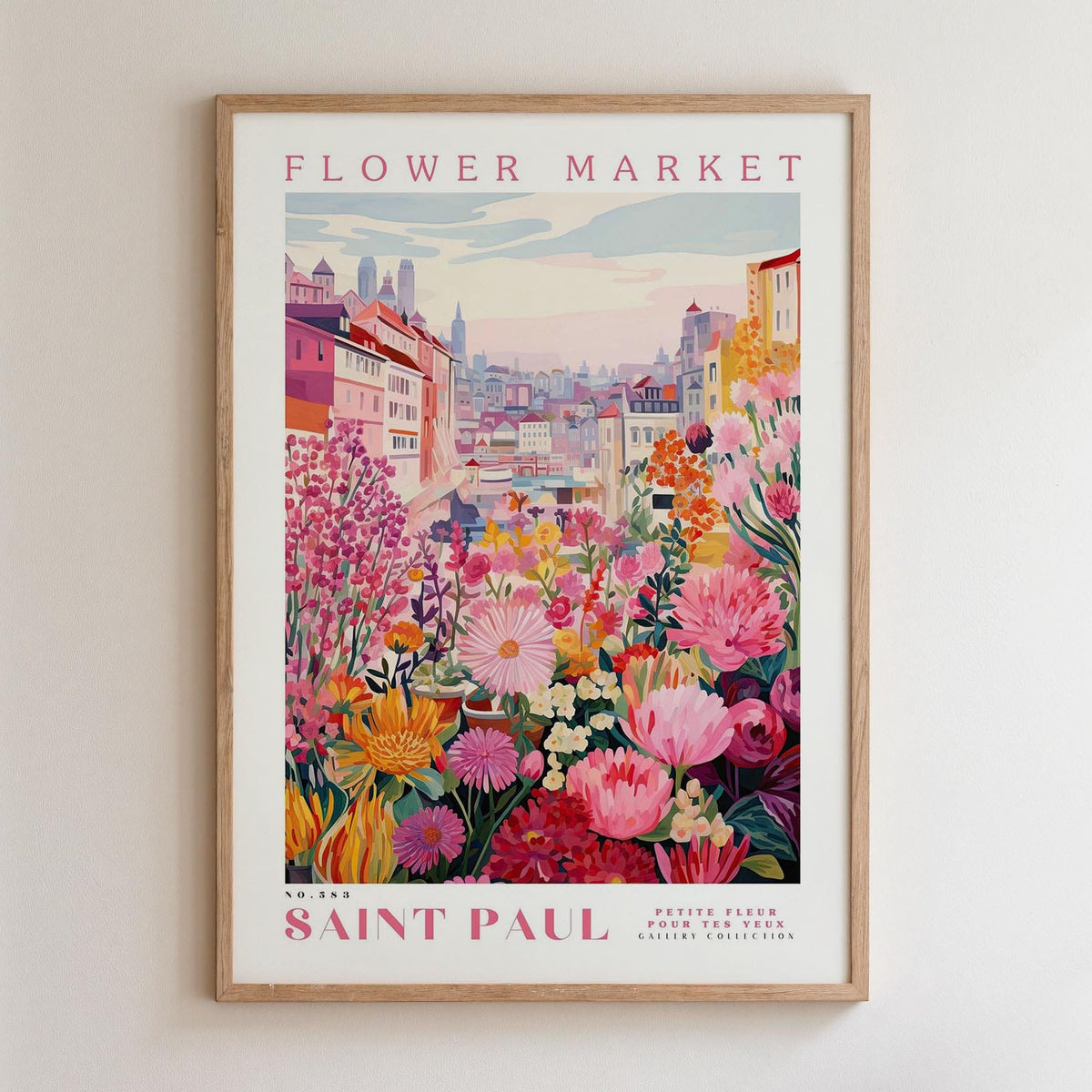 The image is a framed poster depicting a vibrant and colorful flower market in Saint Paul, with a variety of flowers and buildings in the background.