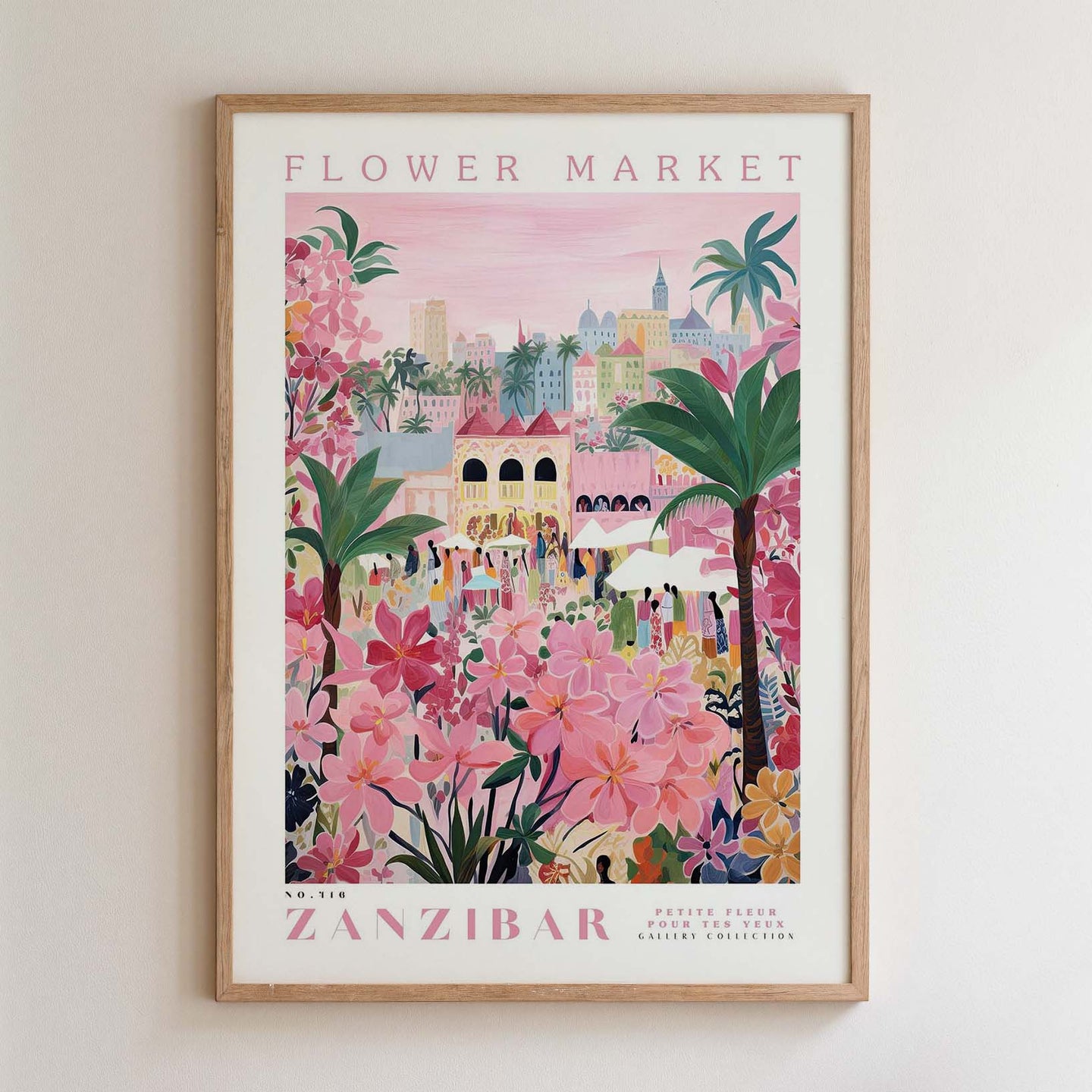 The image is a framed poster depicting a vibrant and colorful scene from the Flower Market in Zanzibar, featuring a variety of flowers, palm trees, and people enjoying the market.