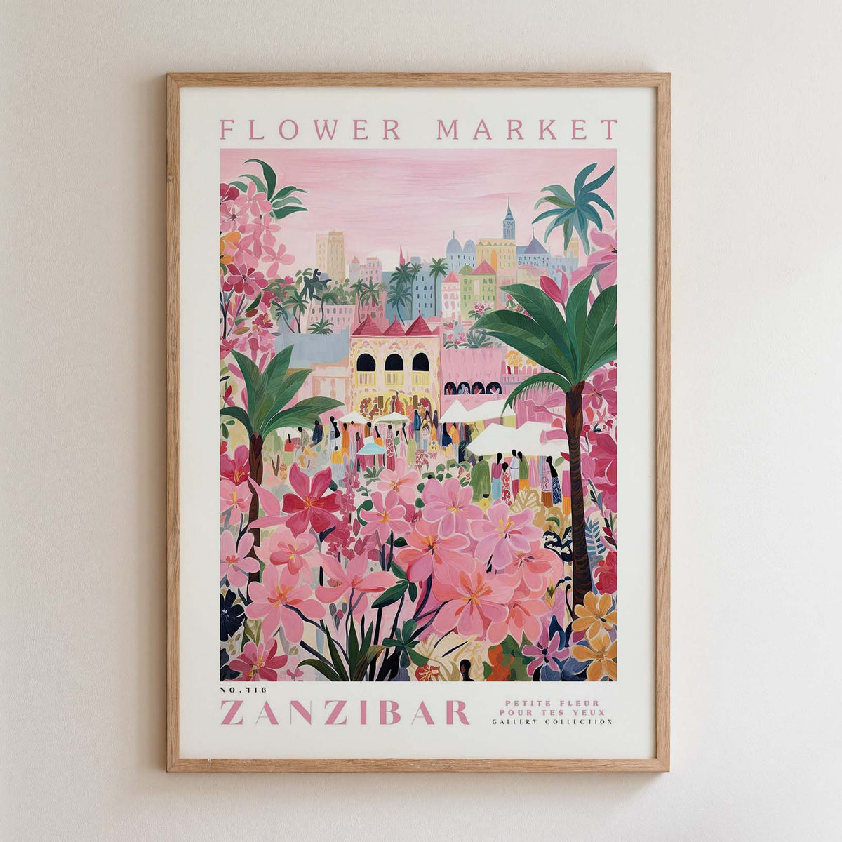 The image is a framed poster depicting a vibrant and colorful scene from the Flower Market in Zanzibar, featuring a variety of flowers, palm trees, and people enjoying the market.