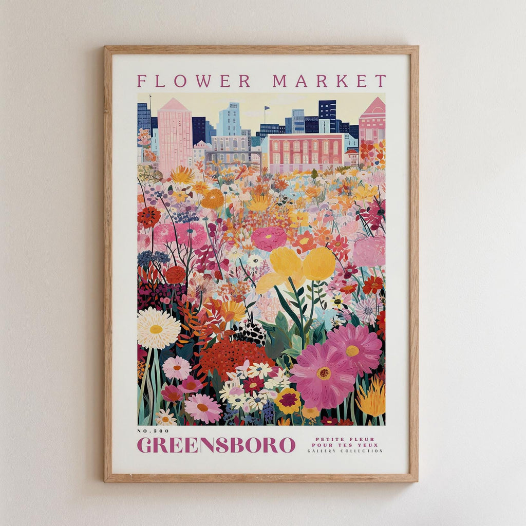 The image is a framed poster depicting a vibrant and colorful flower market in Greensboro, North Carolina.