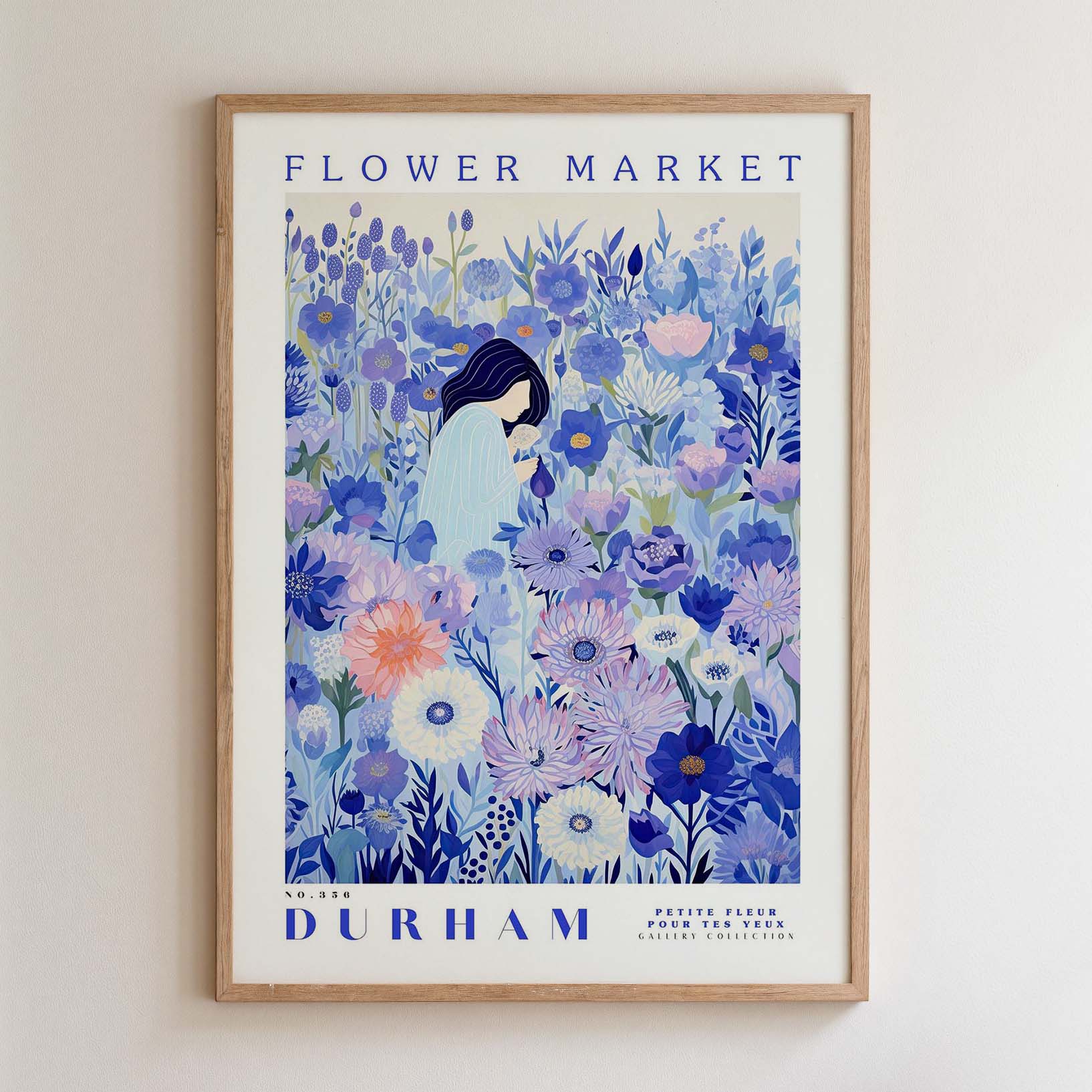The image is a framed poster depicting a woman surrounded by a vibrant, colorful floral scene.
