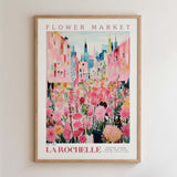 The image is a framed poster depicting a vibrant and colorful flower market in Paris, France.