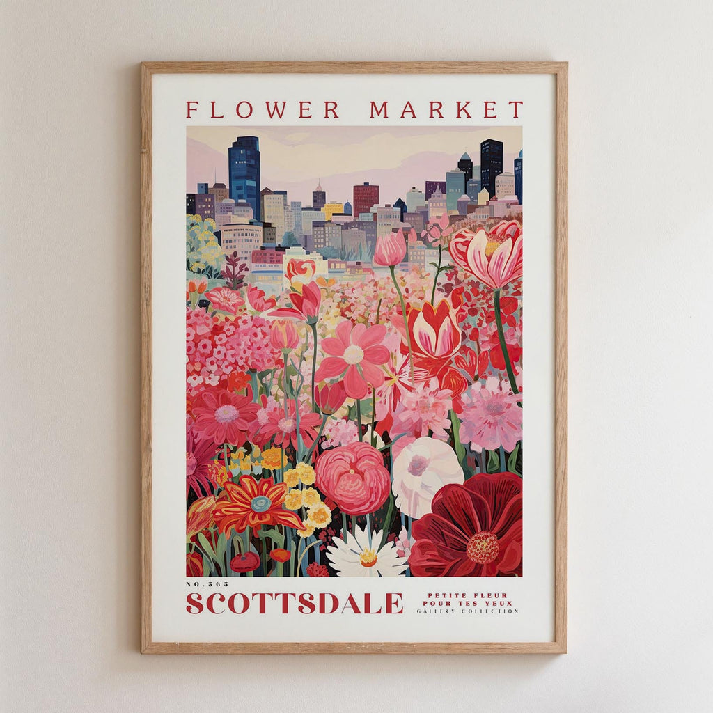 A framed poster depicting a vibrant and colorful flower market in Scottsdale, with a cityscape in the background.