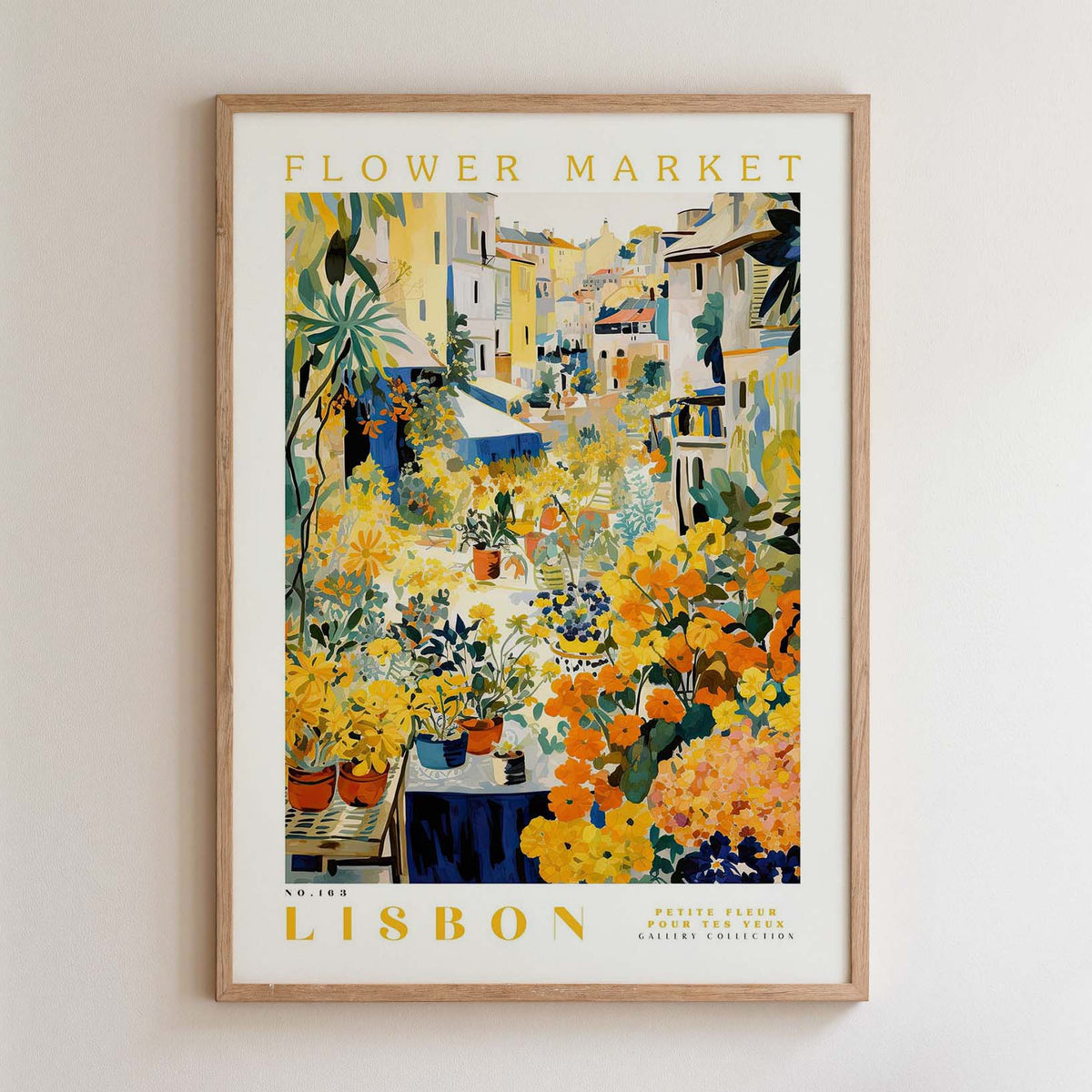The image is a framed poster depicting a vibrant and colorful flower market in Lisbon, Portugal.
