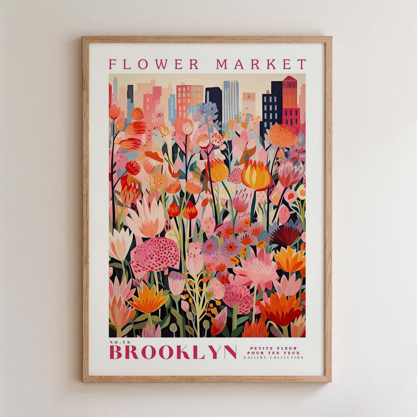 The image is a framed poster of a flower market in Brooklyn, New York.