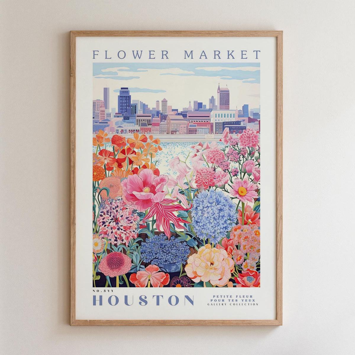 The image is a framed poster depicting a vibrant and colorful flower market in Houston, Texas.